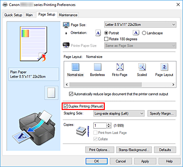 figure:Duplex Printing (Manual) check box on the Page Setup tab